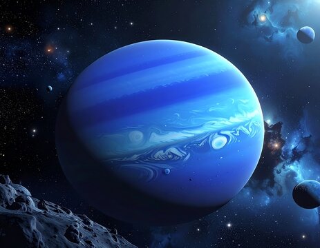 A blue gas giant planet swirling in a star-filled, dark cosmos, with asteroids and moons nearby