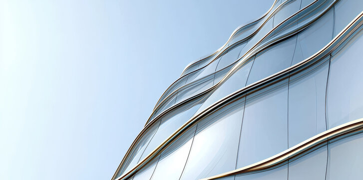 Modern glass architecture with elegant curved lines and reflections under clear sky. Minimal and futuristic building design symbolizing innovation and luxury.