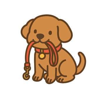 Cute kawaii dog holding leash in mouth cartoon vector illustration on white background