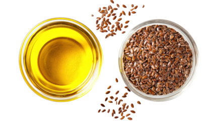 Flaxseed oil and flaxseeds in bowls isolated on transparent background