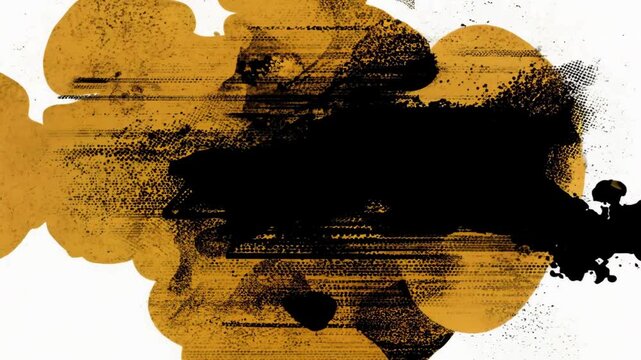 Black and gold ink blots spreading on white background. Abstract artistic paint splash reveal or transition animation with alpha style look.