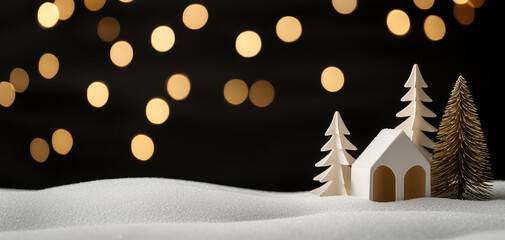Snowy landscape winter wonderland festive holiday cozy cabin paper craft bokeh lights golden glow minimal design peaceful scene serene mood grace gentle snow field with tiny trees and small house