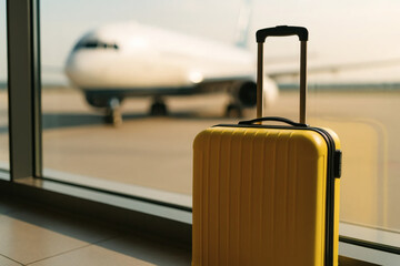 A vibrant yellow suitcase placed in front of a window with a blurred airplane in the background, symbolizing the start of a travel journey and anticipation of adventure