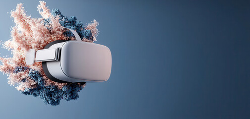 Virtual reality headset immersive technology device gadget modern minimal blue gray soft light floating abstract splash dust cloud motion dynamic futuristic concept digital innovation