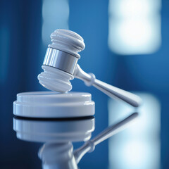 White gavel justice law legal courtroom judge decision verdict authority order rests on sound block under soft light, calm reflective mood, symbol of fairness, discipline, and court procedure