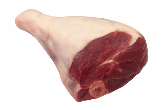 Raw pork shank presenting pink meat, fat, and bone, fresh cut of uncooked pork ready for cooking, transparent background