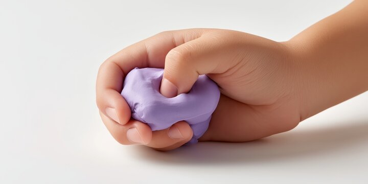 Child squeezing purple modeling clay during creative play at home.