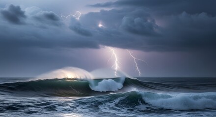 lightning over the sea storm
