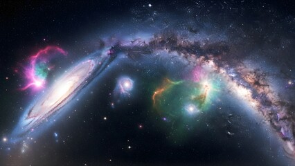 Cosmic dance of interacting galaxies in vibrant nebulae and star fields