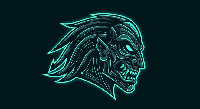 A neon-lit head mascot with glowing eyes and sharp teeth against a dark background, showcasing a futuristic and edgy design with bold lines and vibrant teal outlines.