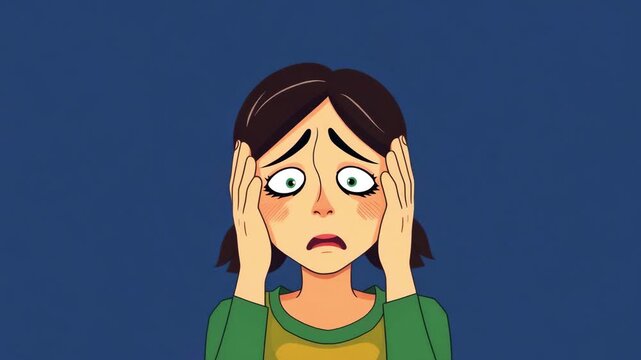 A young woman experiences shock and holds her head with her hand, cartoon illustration style. Confused woman, stress, fear, anxiety, nervous tension concepts
