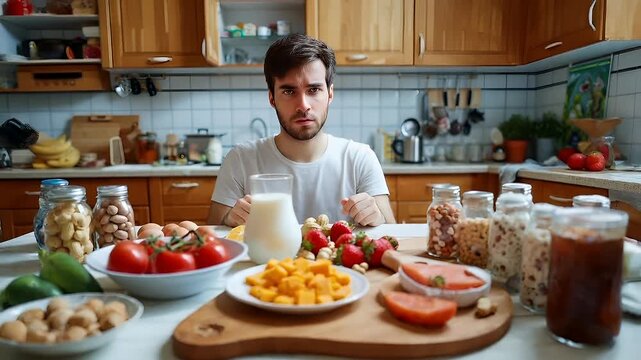 Allergy. A man in a kitchen setting with a glass of milk and various food items on a table.