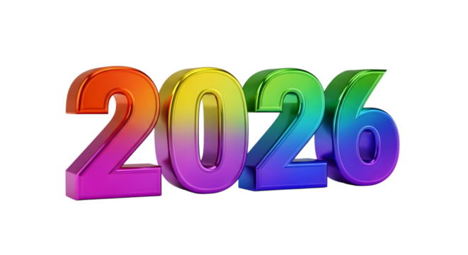Colorful 3d numbers 2026 isolated on transparent background