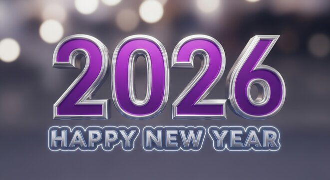 Happy new year 2026 with purple numbers and silver outline on blurred background for festive celebration
