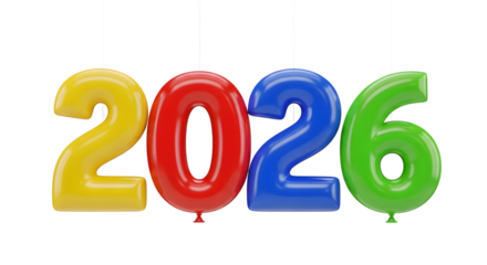 Colorful 2026 balloons hanging isolated on transparent background
