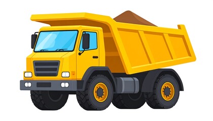 A bright yellow cartoon dump truck with tires, carrying brown soil, isolated on a white background