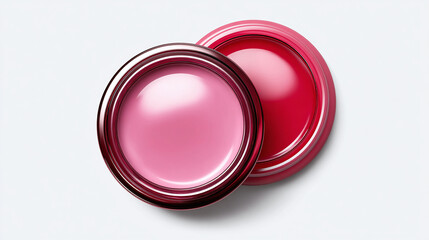 Two containers of vibrant lip balm, one a delicate pink, the other a bold red. The image is a close-up shot of the open containers, highlighting the smooth texture and colors