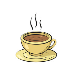 Cartoon Hot Coffee Cup with Steam Isolated on White. Hand Drawn Style Mug and Saucer Clipart. Morning Drink Vector Illustration.
