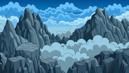 Epic mountain peaks emerging through wispy clouds under a blue sky