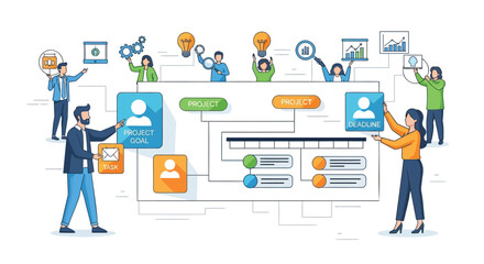 Team of professionals collaborating on project planning and task management with flowchart and icons representing goals and deadlines