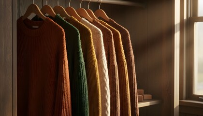 A row of colorful sweaters hanging in a closet, illuminated by sunlight.
