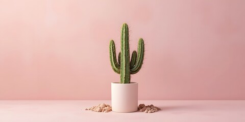 Lush green cactus plant in a modern white pot on pink background