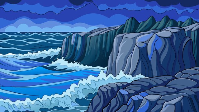 Dramatic ocean waves crashing against rugged cliffs under a stormy sky - Powered by Adobe