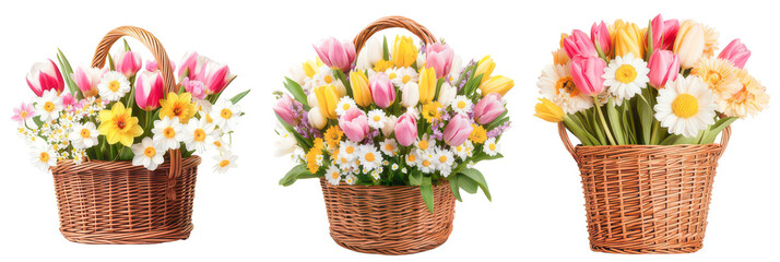 Floral Trio: A vibrant trio of woven baskets, brimming with a colorful medley of spring blossoms, offering a cheerful display of nature's beauty and the freshness of the season.