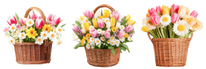 Floral Trio: A vibrant trio of woven baskets, brimming with a colorful medley of spring blossoms, offering a cheerful display of nature's beauty and the freshness of the season.