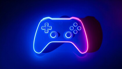 Neon-lit video game controller glows with vibrant pink and blue light against a dark, atmospheric background, evoking a sense of digital entertainment and virtual reality