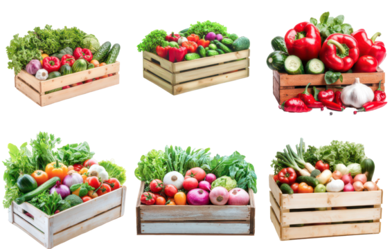 Abundance Harvest: Wooden crates overflow with an array of fresh, vibrant vegetables, capturing the bounty of nature's offerings. A colorful display showcasing healthy eating and organic produce.