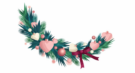 Naklejka premium A charming festive half-wreath, adorned with lush green pine branches, delicate pink heart ornaments, and a burgundy ribbon, ideal for holiday greetings.