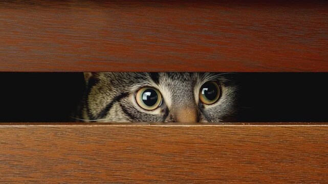 Curious Gaze: A captivating close-up of a domestic cat's eyes peering inquisitively from a dark crevice, its gaze full of mystery and charm. 