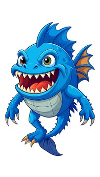 A cartoonish, blue-skinned monster fish with sharp teeth, stubby limbs, and small eyes, on a plain white background