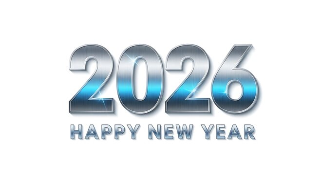 Happy new year 2026 silver and blue metallic text effect for festive celebration