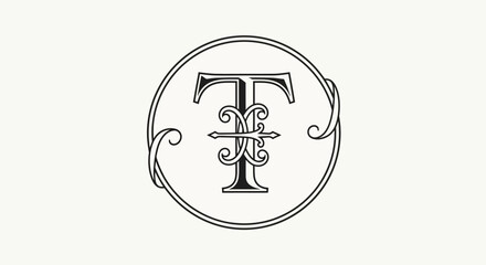 Elegant letter T logo with ornate design enclosed in a circular frame for branding