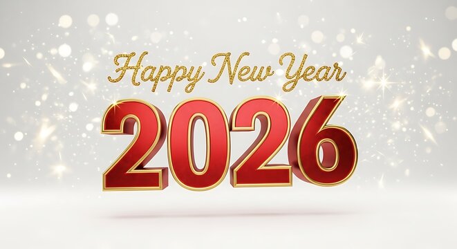 A festive 3d rendering showcases the year 2026 in bold red and gold lettering, wishing viewers a happy new year against a bokehlit white backdrop