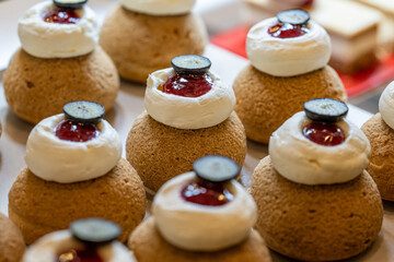 Karisik Turk tatlilari. New dessert varieties at the  luxury hotel open buffet. Milk-based desserts,  Turkish Dessert Sobiyet, havuc dilimi, midye baklava, mussels baklava and classic baklava. 