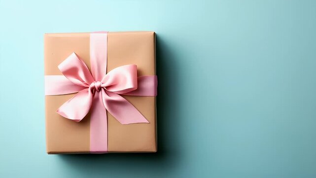 A flat lay, topdown view of a beige gift box adorned with a pink satin bow. The box is set against a turquoise background.