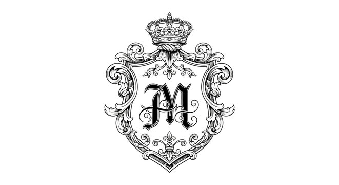 Ornate monogram design with letter M crown and vintage floral embellishments elegance