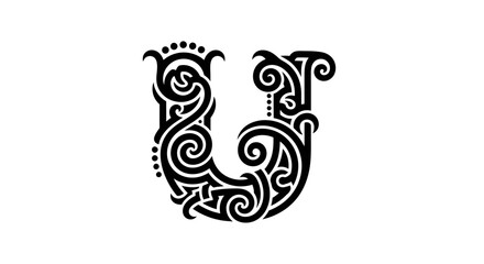 Ornate Letter U with Intricate Swirls and Flourishes on a Clean White Backdrop