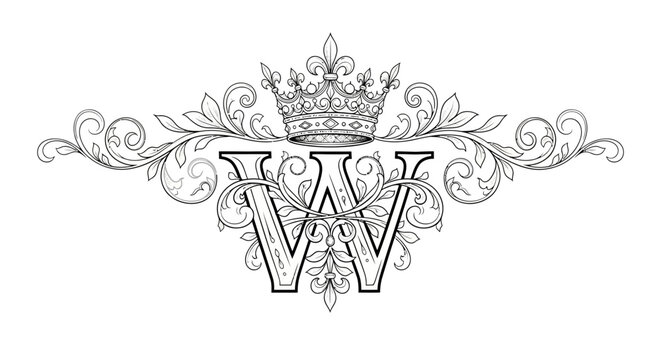 Ornate monogram with letter W, floral scrolls and royal crown, delicate line work design