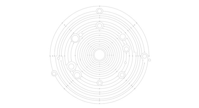 Concentric circles with connections and nodes in a minimalist vector graphic style design