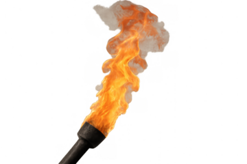 Burning torch with vivid flame and rising smoke, symbolizing illumination, danger, history, and primitive technology