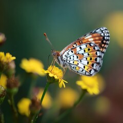 Obraz premium Close-Up Action of Leopard Butterfly Collecting Nectar on Flowers in Nature Environment
