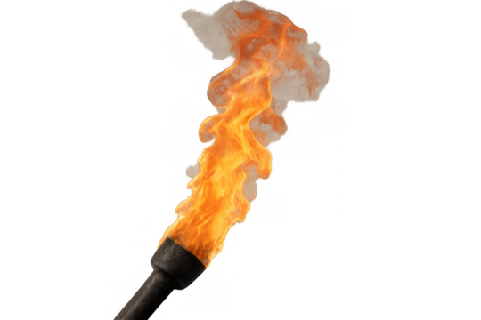 Burning torch with vivid flame and rising smoke, symbolizing illumination, danger, history, and primitive technology