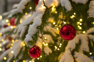 Close-Up of Red Christmas Ornaments on Snowy Tree Branches