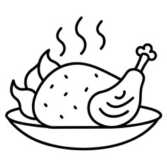 Simple line art illustration of a hot roasted chicken on a plate
