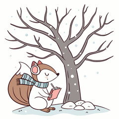 Cute squirrel writing notes under a bare winter tree during a snowfall