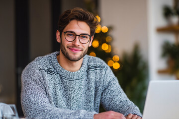 
Smiling young businessman or student wearing glasses remote working, learning online at home office using laptop computer at workplace, Xmas home background, new year holiday